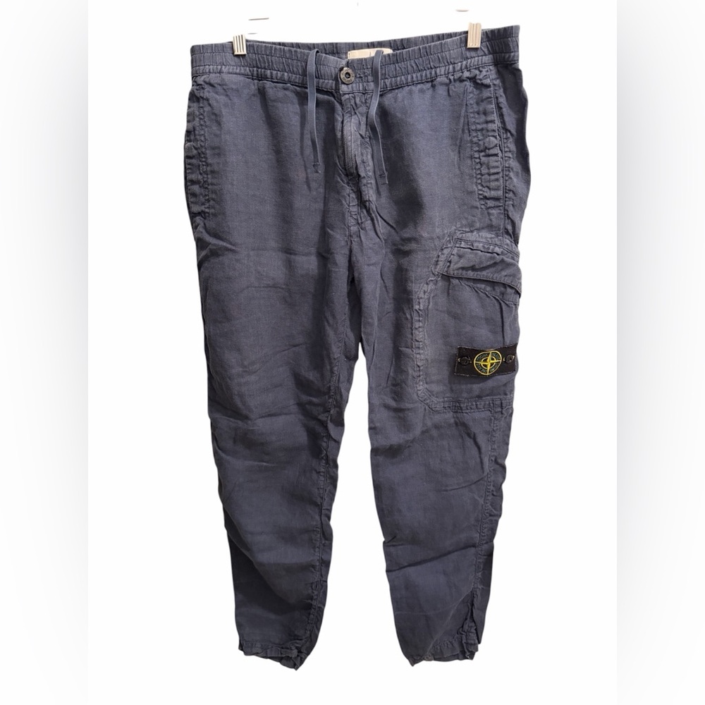Stone Island Navy  Cargo linen Pants with Signature Compass Patch size 34